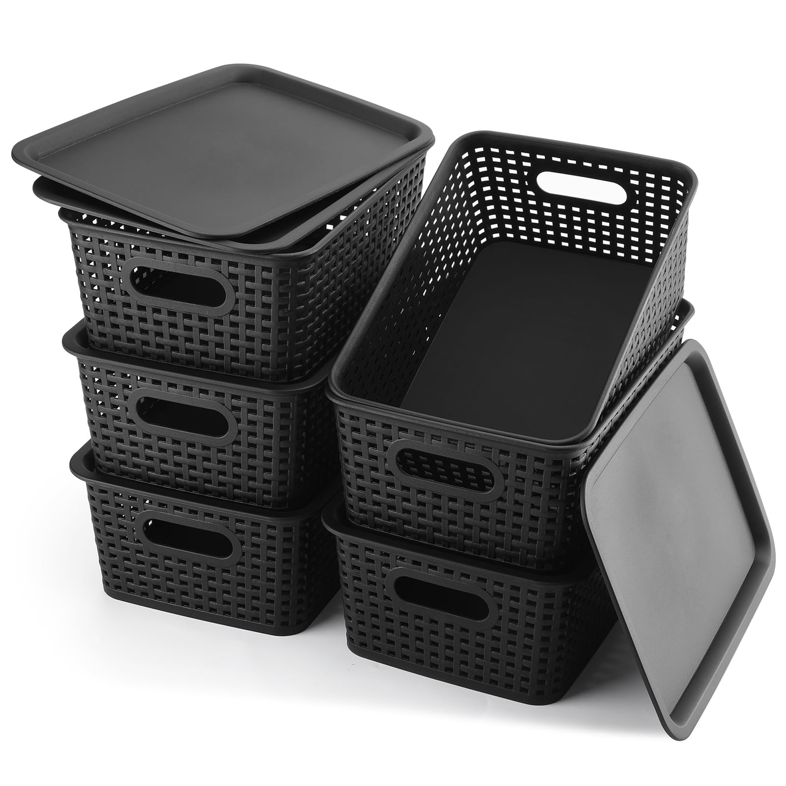 Storage Bins Plastic Storage Baskets With Lid Small Baskets for Organizing Stackable Storage Container Organizer Bins for Shelves Drawers Desktop Playroom Classroom Office, 6 Pack,Black