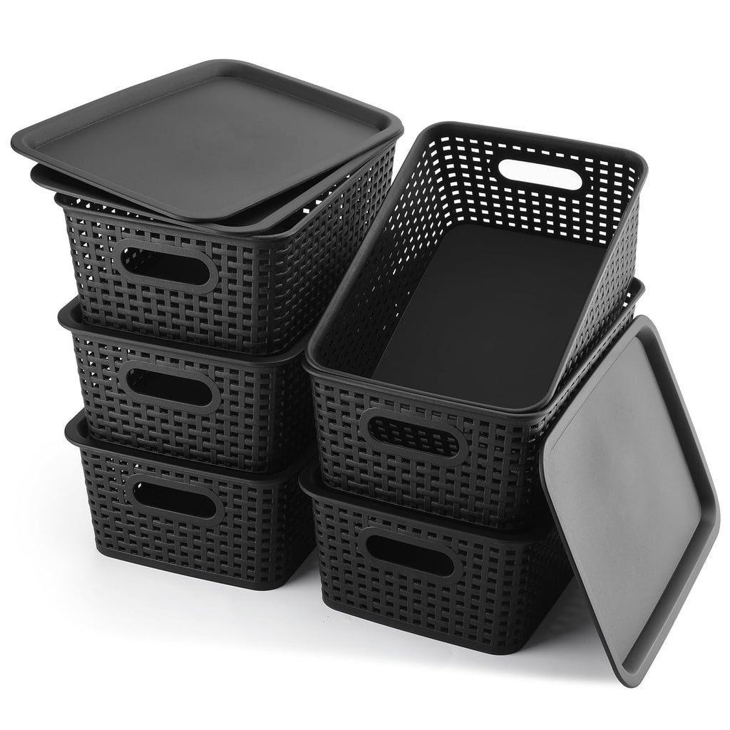 Storage Bins Plastic Storage Baskets With Lid Small Baskets for Organizing Stackable Storage Container Organizer Bins for Shelves Drawers Desktop Playroom Classroom Office, 6 Pack,Black
