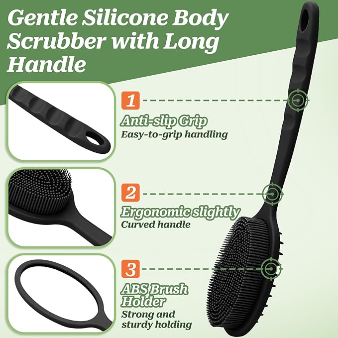 Silicone Back Scrubber for Shower, Soft Silicone Loofah with Handle, Gentle Exfoliating Back Scrubber, Back Brush Bath Brush with Dual-Side & Detachable Brush Head(Black)