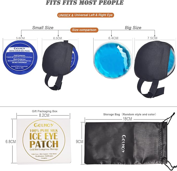 Cooling Eye Patches for Puffy Eyes, Pure Silk Ice Eye Patch, Single Eye Mask, Medical One Eye Cover Cold Hot Therapy Strabismus Lazy Eyes After Surgery Adult Kid Pirate Eyepatch (Big&Small Black)