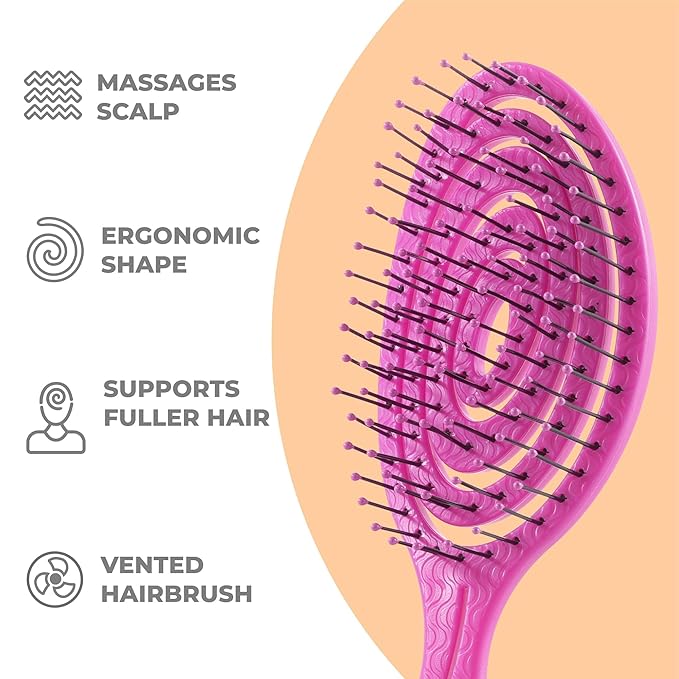 Ninabella Mini Spiral Hairbrush - Detangle Hair Brush - For Brushing Wet or Blow Dry Hair - Detangler Vent Brush - Hairbrushes for Travel - Neon Pink