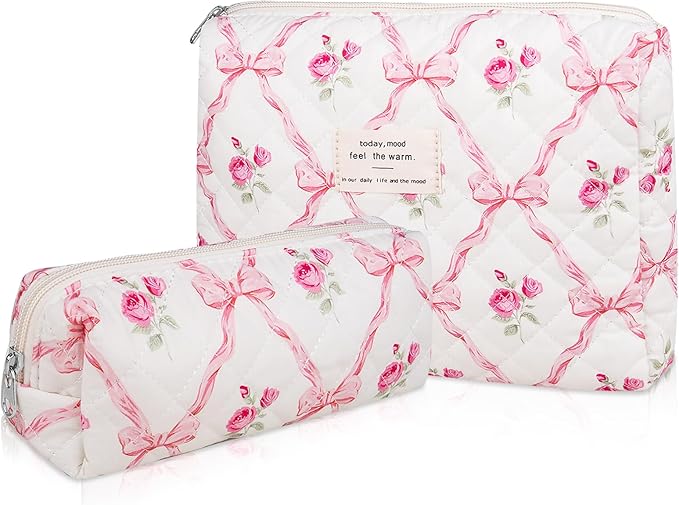 Gosect 2PC Makeup Bag Set, Cute Cosmetic Bag for Women Girls, Floral Coquette Aesthetic Toiletry Bag, Travel Make Up Organizer Bag (Pink bow)