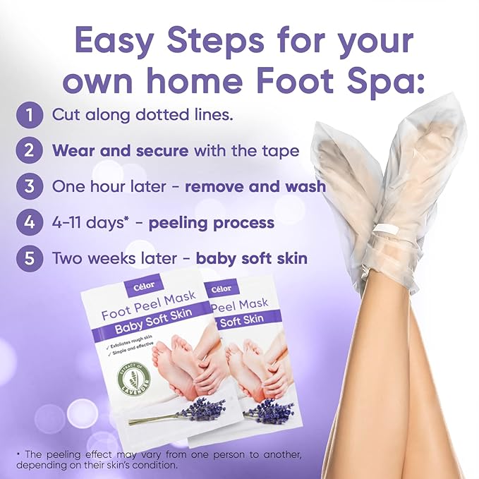 CÉLOR Foot Peeling Mask for Dry Cracked Feet | Foot Mask to Exfoliate Rough, Cracked, Dry Feet, Calluses for Soft Baby Feet Results | Made with Aloe Vera Extract for Women & Men (5 Pairs) | Lavender