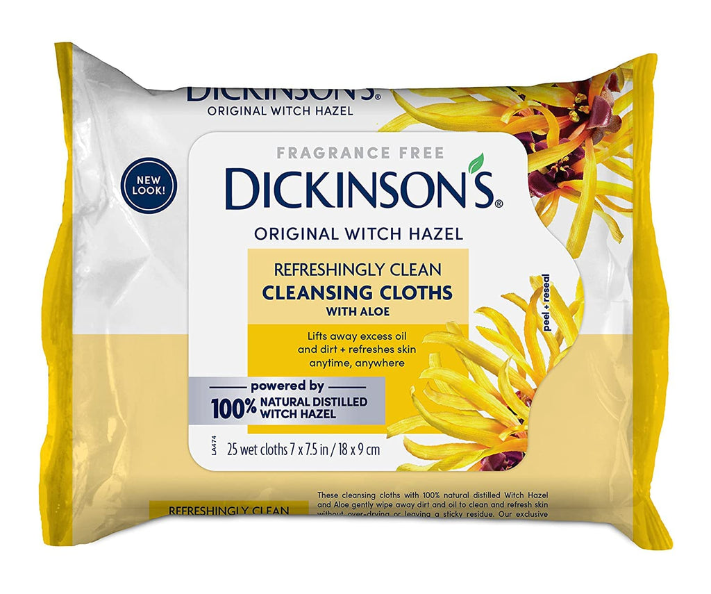 Dickinson's Witch Hazel Cleansing Cloths with Aloe | 25 Ct (Pack of 4)