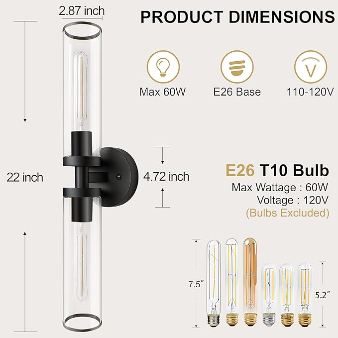 Black Wall Sconces, Set of 2, 22'' Modern Vanity Lights Fixture for Bathroom with Clear Glass, Wall Sconces Lighting, for Living Room/Bathroom Hallway Mirror/Bedroom (Bulbs Not Included)