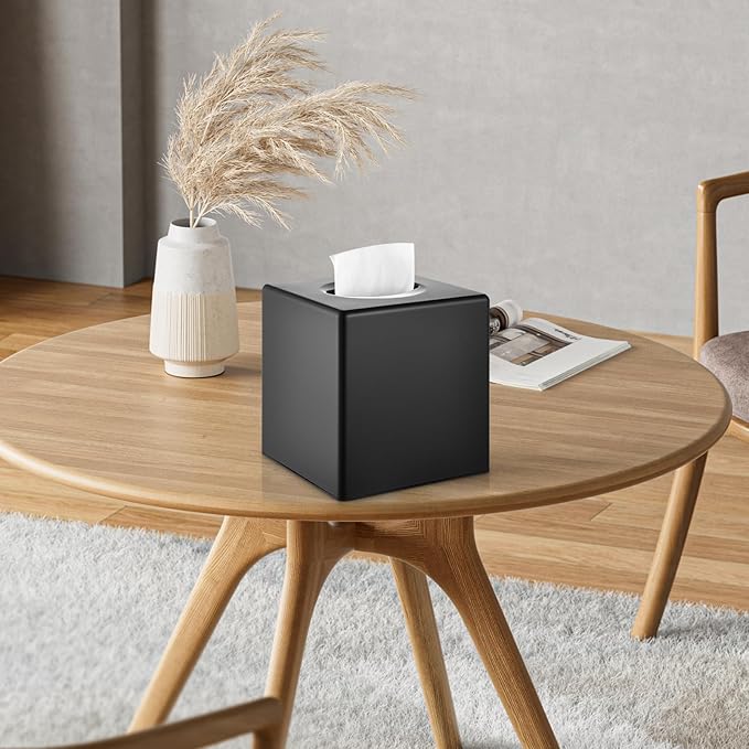 Tissue Box Cover, Square Facial Tissue Holder Storage for Bathroom Vanity, Countertops, Dressers, Night Stand, Parlors and Offices - Black
