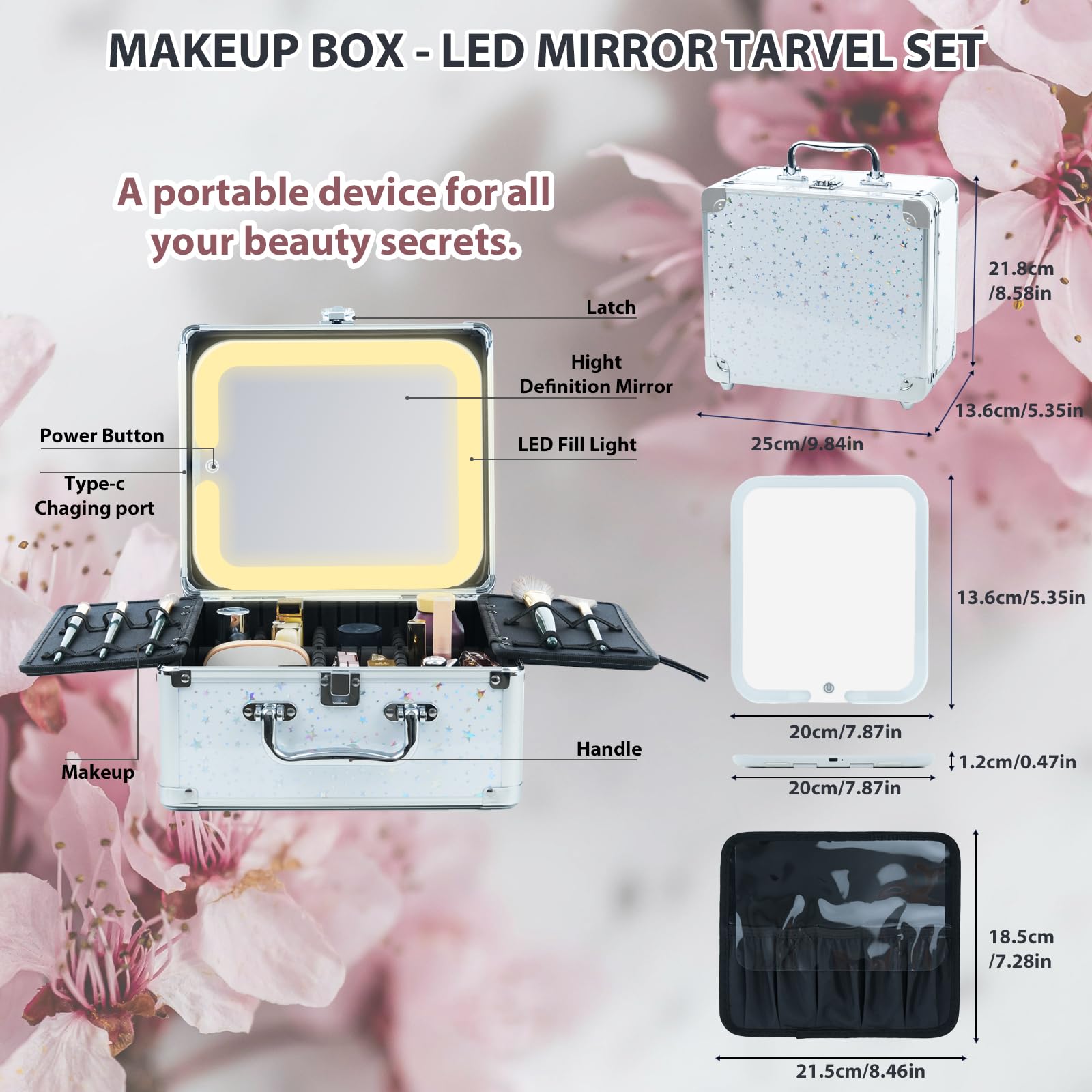 Unicorn Slumber Makeup Organizer Box with Detachable Lighted Mirror, Travel Train Cosmetic Case, Adjustable Divider Storage Bag, Portable Artist Storage Suitcase with Magnetic LED Mirror - Star White