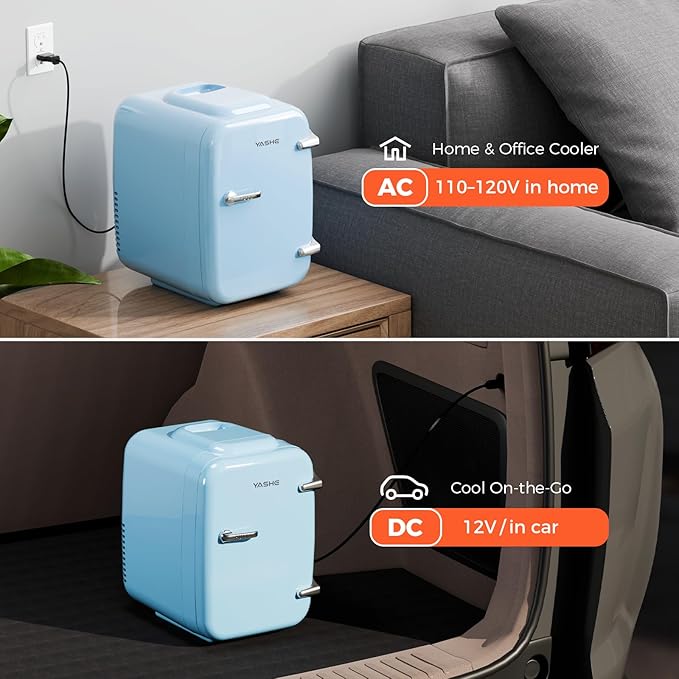 YASHE Mini Fridge, 4 Liter/6 Can Mini Makeup Fridge, 110V AC/ 12V DC Portable Thermoelectric Cooler&Warmer for Skincare, Drink, Cosmetic, Medicine, Small fridge for Bedroom, Office, Dorm, Car, Blue