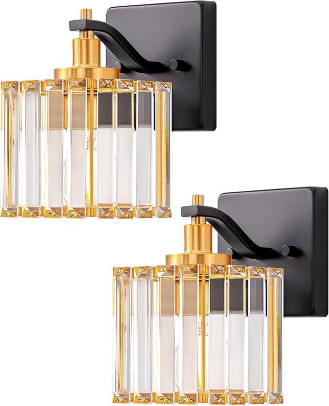EDISHINE Black Gold Bathroom Vanity Light Fixtures with Crystal Shade, E26