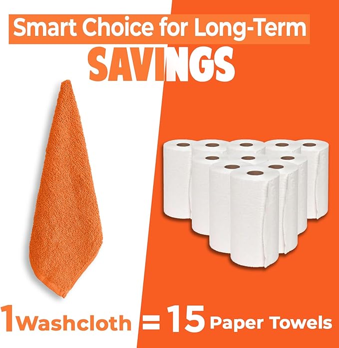 DAN RIVER 12 Pack Wash Cloths for Showering [12x12] - 100% Cotton Washcloths Premium Quality Flannel Face Cloths for Bathroom, Highly Absorbent and Soft Feel Wash Clothes, Orange