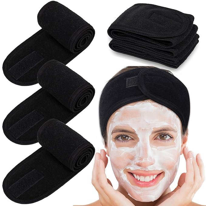 Whaline Spa Headband 4 Pcs Black Makeup Hair Band Facial Head Wrap Hair Tie