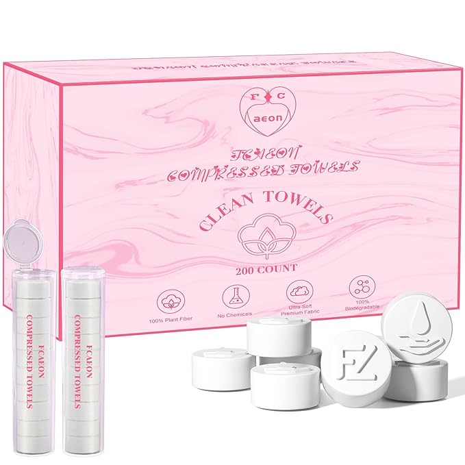 Fcaeon Disposable Face Towel 200 Pcs Compressed Towel Tablets With 2 Dispenser Bottles Gentle Washcloths for Sensitive Skin Facial Cleansing Makeup Removal Skincare Routine Travel Cloths (Pink)