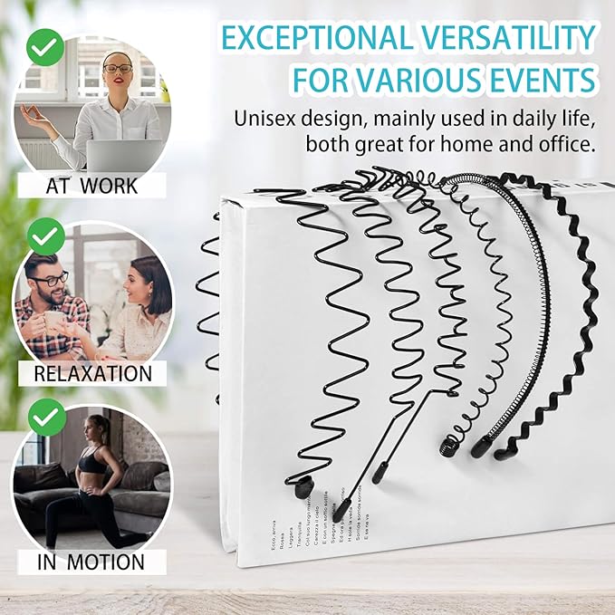 Metal Hair Band, Metal Fashion Hair Bands, Unisex Black Headbands, Wavy Headband Perfect for Outdoor Sports and Daily Use (10 Pack)