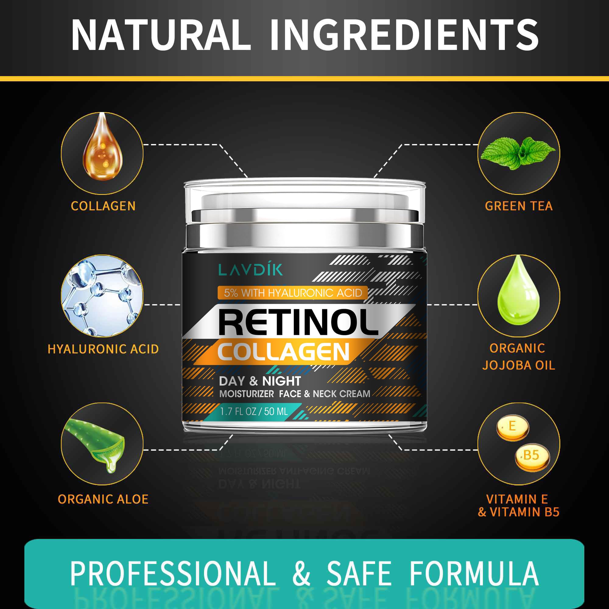 Retinol Cream for Face with Hyaluronic Acid, Moisturizer Anti Aging Collagen Cream for Women and Men, Reduce Wrinkles, Fine Lines, Day and Night,1.7 Fl Oz