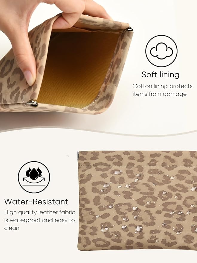 Ksriylm Leopard Leather Small Makeup Pouch for Women,Cosmetic Accessories,Waterproof and Portable Cosmetic Bag,Self-closing, No Zipper, Aesthetic Storage Pouch,Lipstick for Purse,Camel Color