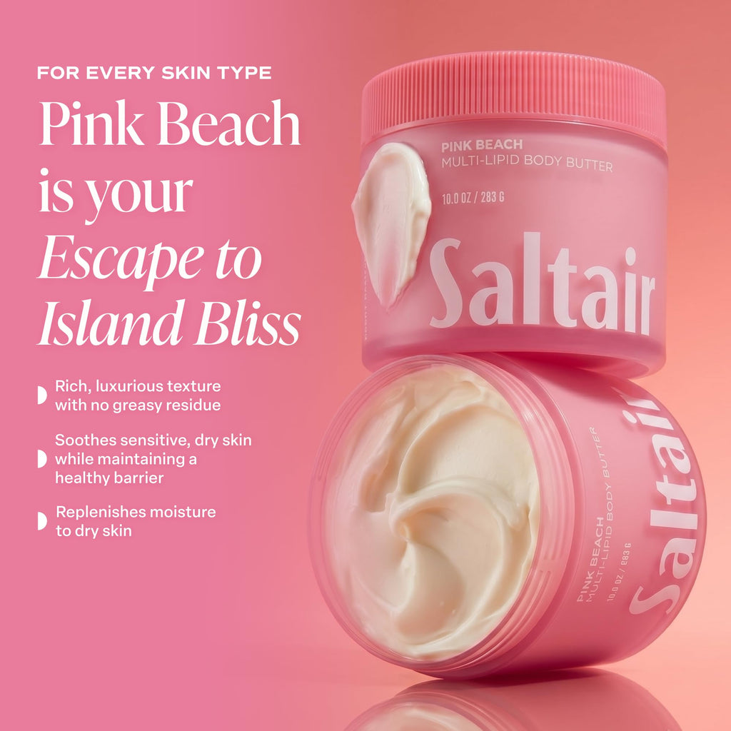 Saltair Multi-Lipid Body Butter – Hydrating 24-Hour Moisture – Body Cream for Soft Skin & Barrier Support – Ceramides, Coconut Oil & Shea Butter for Dry Skin Care – Pink Beach 10oz
