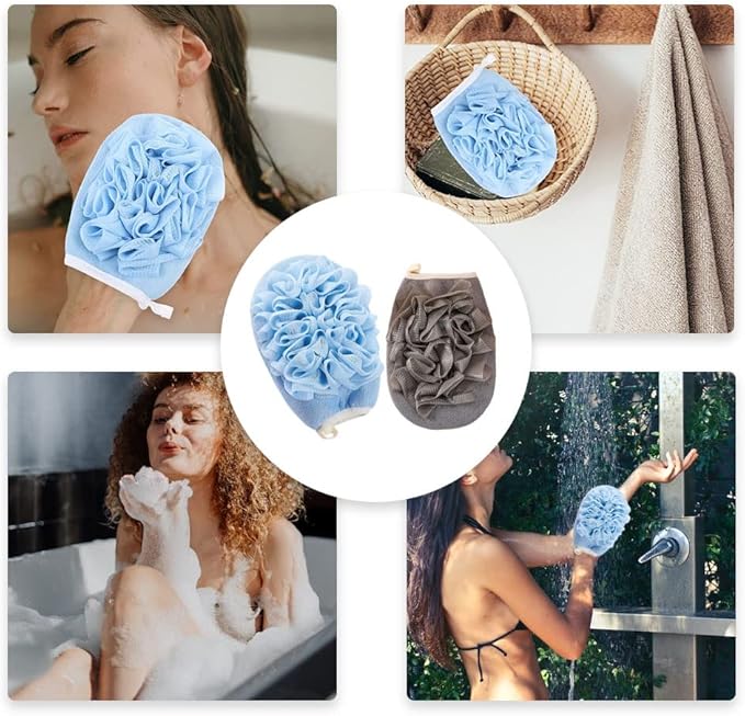 2 Pcs Bath Shower Pouf Sponge 2 in 1 Exfoliating Mesh Pouf Sponge Loofah Bath Glove with Elastic Hand Strap for Women Men Kid Bathroom