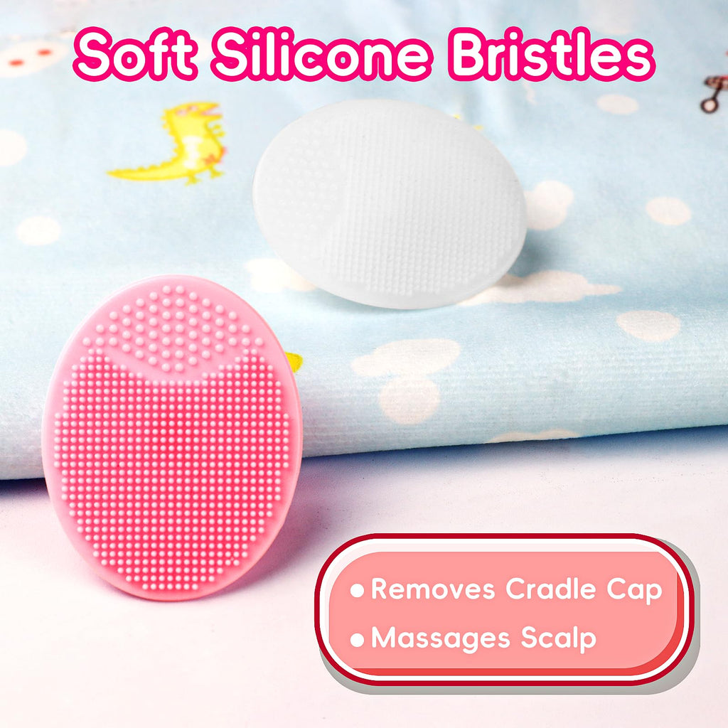 Cradle Cap Brush for Babies, Baby Bath Essentials with Silicone Scrubber Bath Sponge Dual-Sided Comb for Newborns Toddlers Boys Girls (Pink, Set of 5)
