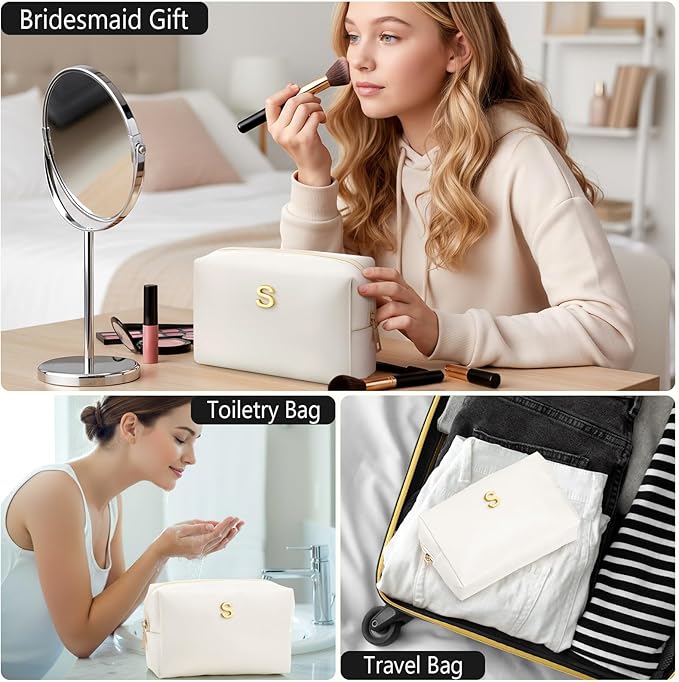 Kigeli Gifts for Women Teen Girls Gifts for Bridesmaid Mom Teachers Graduation Birthday Wedding Personalized Initial Makeup Bag Beige PU Leather Monogram Cosmetic Waterproof Travel Toiletry Bag(S)