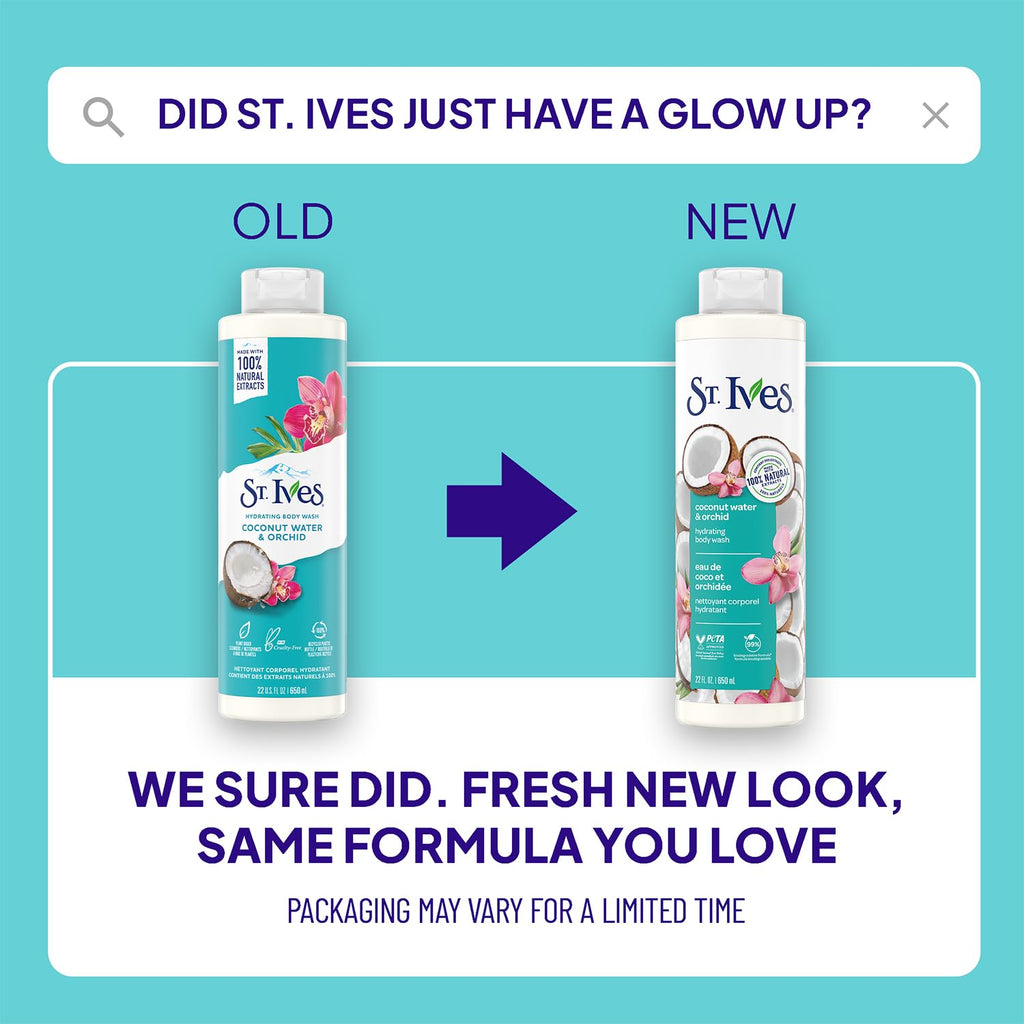 St. Ives Body Wash, Coconut Water & Orchid Hydrating Shower Gel 2-Pack, 100% Natural Extracts, Cruelty-Free, 22 Oz Ea