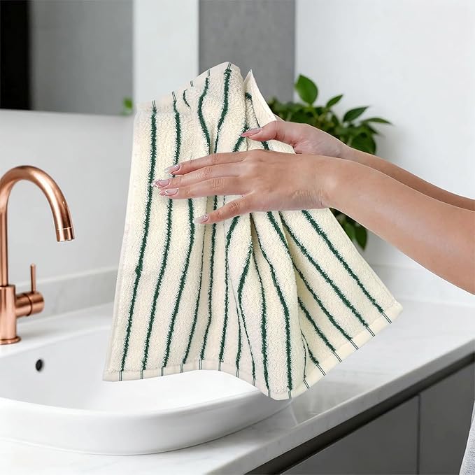 Jacquotha Striped Cotton Washcloths 12 Pack, 13” x 13” - Soft Wash Cloths for Bathroom, Kitchen, Gym, Face, Green and Cream