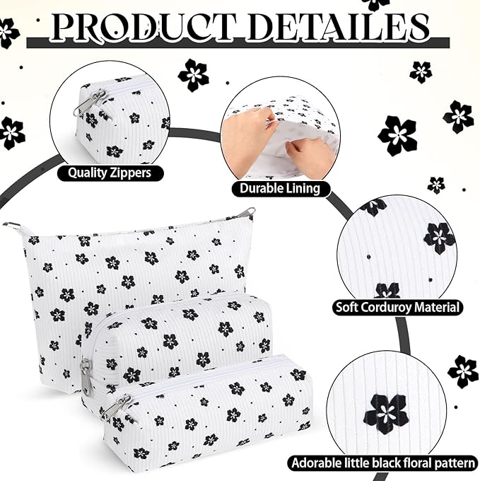 Huhumy 3 Pcs Makeup Bag Set for Women Corduroy Cosmetic Pouch Aesthetic Smile Travel Toiletry Bag Cute Purse Pouch Pencil Case Makeup Brushes Storage Organizer with Zipper(White,Floret)