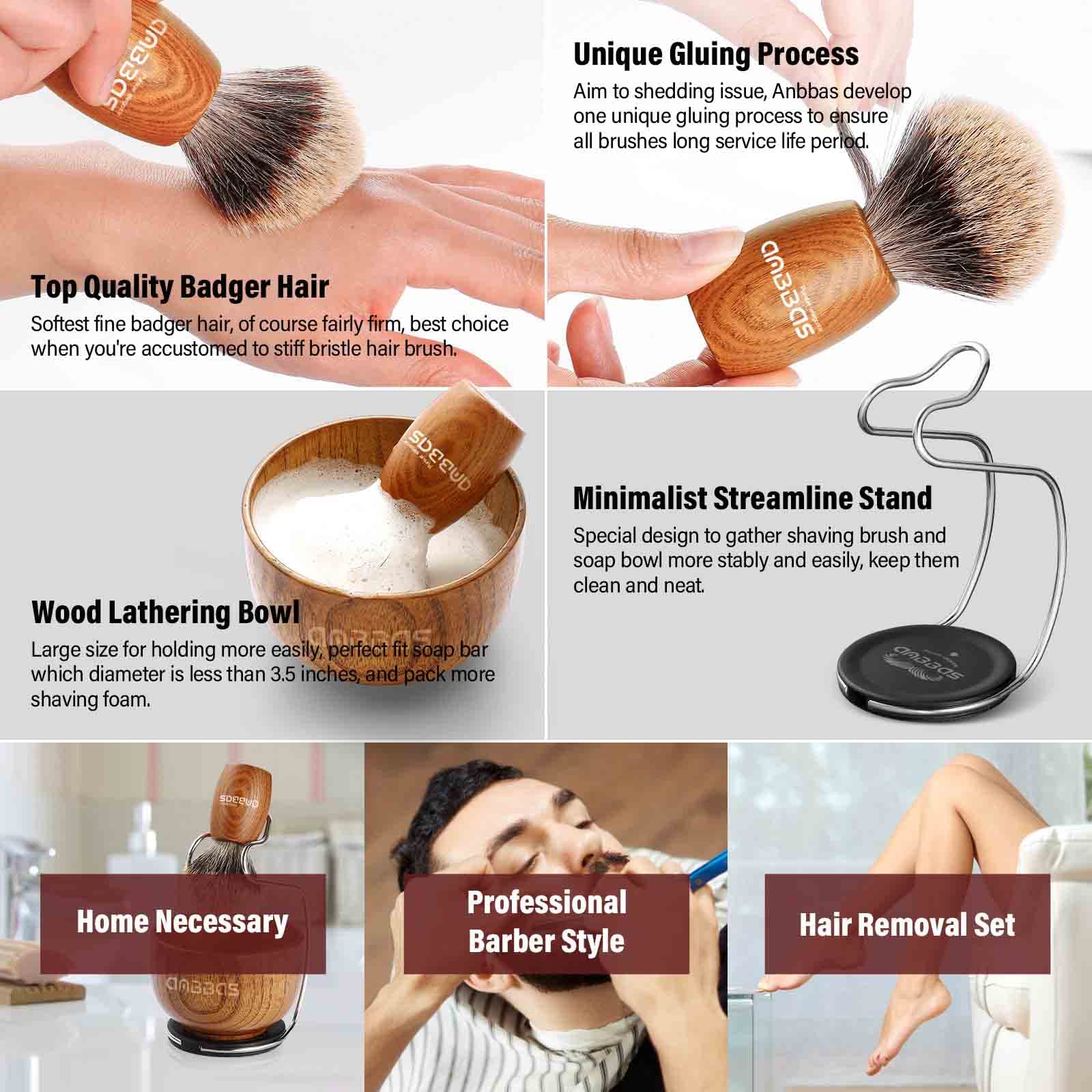 Anbbas 3IN1 Badger Hair Shaving Brush Set,Lather for Men Smooth Wet Shave