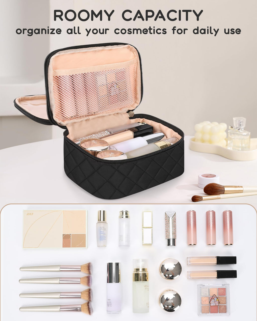 Relavel Small Makeup Bag, Travel Cosmetic Bag with Makeup Brush Compartment, Cute Make Up Pouch for Women, Double Layer Toiletry Organizer for Short Trip, Office - Black