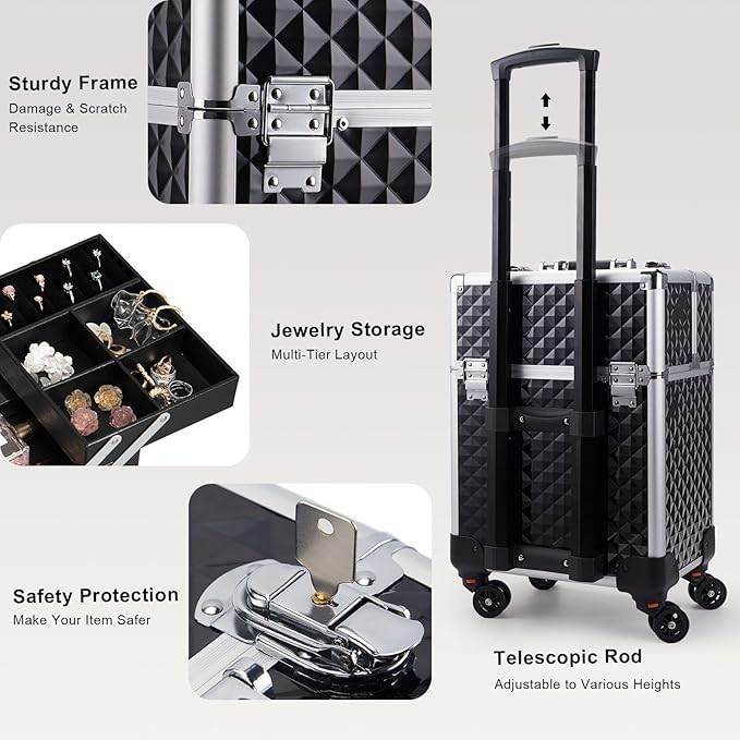 Stagiant Rolling Makeup Train Case Cosmetology Case on Wheels Travel Cosmetic Suitcase Trolley Makeup Luggage Storage Box 4 Tray with Lock Middle Layer Salon Nail Tech Cart Traveling Tattoo Case Black