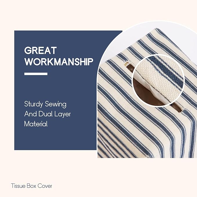 Tissue Box Cover, Fabric Tissue Box Holder Square, Stylish Toilet Paper Storage, Modern Bathroom Counter Organizer Decorations Accessories,Ticking Stripe 5''x5''x5'' (Navy Blue)
