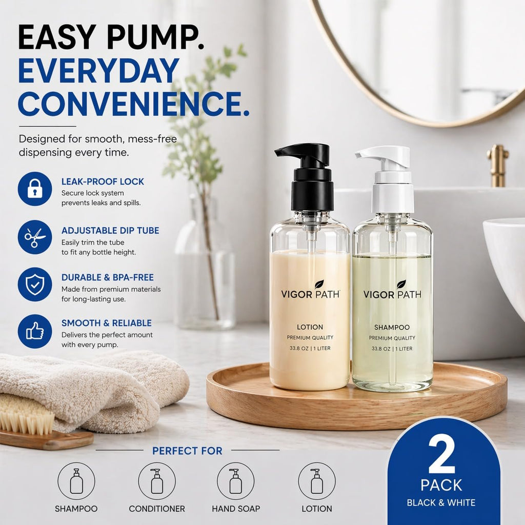 Universal Shampoo/Conditioner Dispenser Pump for Bottles, Leak Proof, Pump Top Fits 1 L/33.8 oz Bottles, 28/410 Neck Size, (White - Pack of 2)