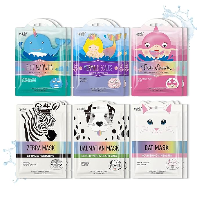 Epielle Character Face Mask Wave & Wild 12 Pack, Fun & Effective Korean Skin Care, Spa Party Favors, Birthday Gifts for Women, Self Care Gifts