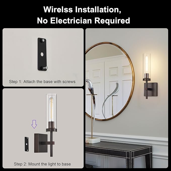 SANTOSTOCK Oil Rubbed Bronze Battery Operated Wall Sconces with Remote Control, Wireless Wall Sconce Set of 2, Rechargeable Cordless Wall Lights for Living Room Bathroom Hallway Entryway Stairwell