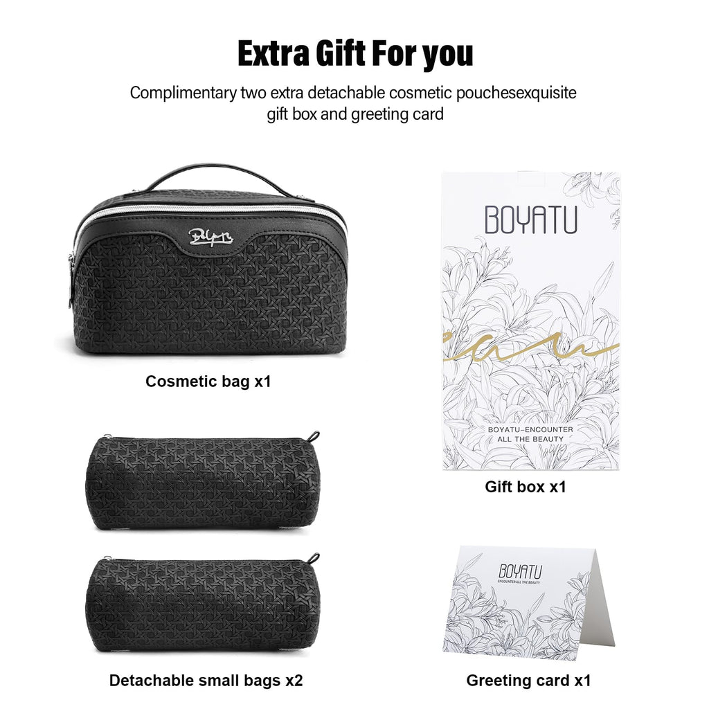 BOYATU Travel Makeup Bag Cosmetic Bags for Women: Large Capacity 3 Pcs Set Make up Bag with Compartments - Waterproof Vegan Leather Toiletry Organizer Bags with Handle (M-71Black)
