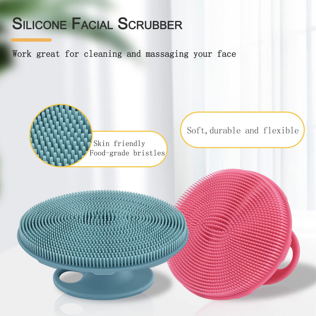 Silicone Face Brush Handheld Facial Cleansing Scrubber, Dark Green+Pink