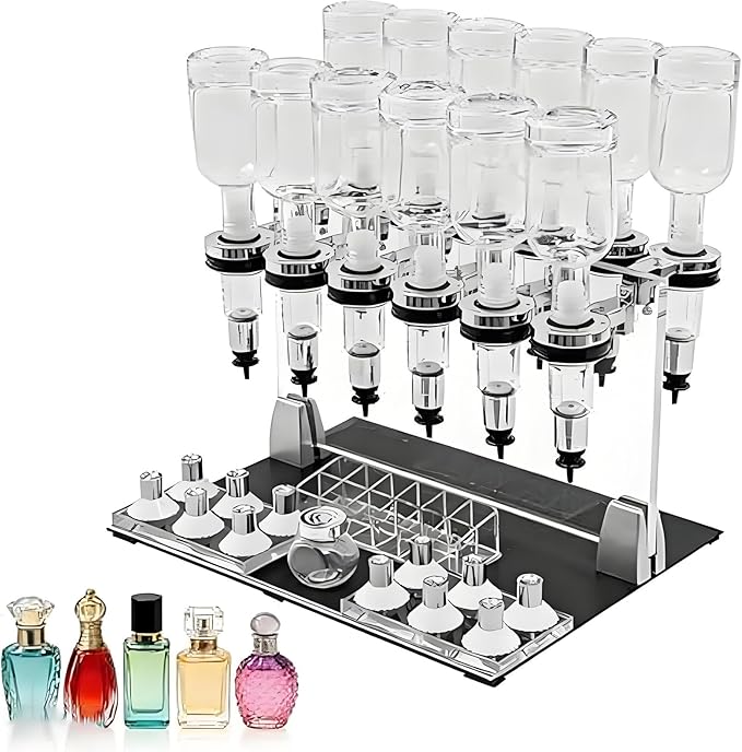 HEIHEIZI Manual Liquid Filling Machine Transfer Tools Kit 12 Bottles, Adjustable Perfume Dispenser Kit, with 12 Pump Heads & 12 Testing Cups, for Perfume Store Studio Salon Bar