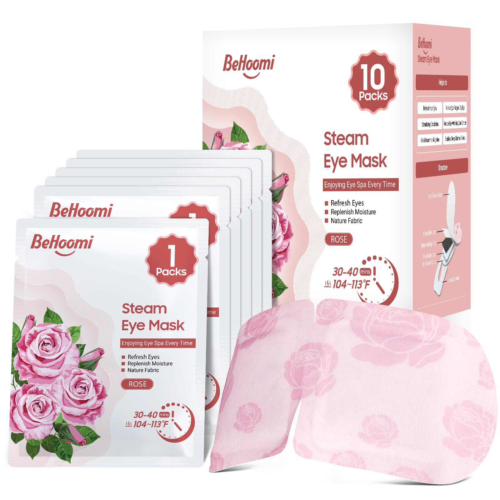 BeHoomi Steam Eye Mask, 10Packs Heated Eye Mask, Self Heating Disposable SPA Warm Compress for Eyes Sleep Mask, Travel Essentials & Relaxation Gifts for Women (Rose Scent)
