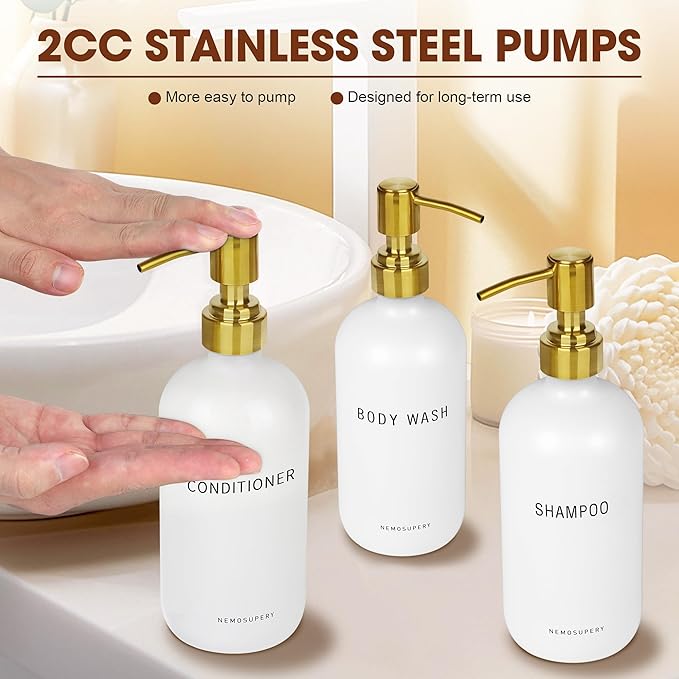 Nemosupery White Glass Shampoo and Conditioner Dispenser Set –16.9oz Refillable Bottles with Stainless Steel Pump, Non-Slip Mat & Waterproof Labels –Shampoo Conditioner Body Wash Dispenser for Shower