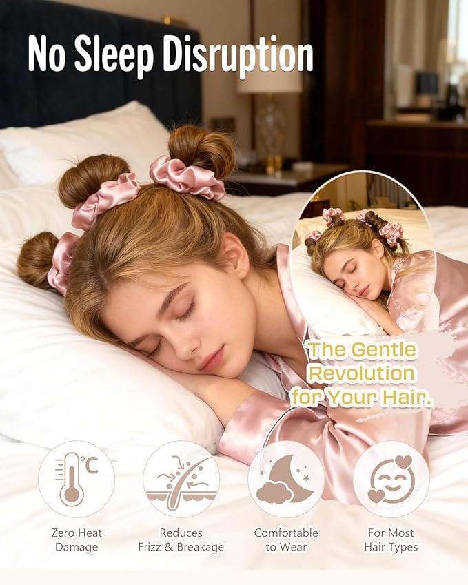 BONNET QUEEN 3 Pack Small Satin Heatless Hair Curler for Medium to Long Thick Hair, Heatless Curls Overnight, Hair Curlers to Sleep In, Damage-Free Small Curls with Built-in Scrunchie, Cream Pink