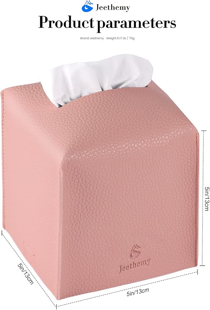 Tissue Box Cover, Jeethemy Square PU Leather Tissue Box Holder, Modern Tissue Case Facial Paper Organizer Dispenser，5X5X5'',Single Pink
