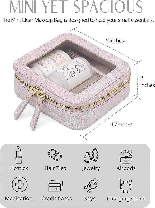 Popvibe Clear Makeup Bag Travel Cosmetic Case Transparent Toiletry Bag with Zipper, Portable Make Up Organizer Traveling Compact Car Bag for Essentials, Light Pink, Mini
