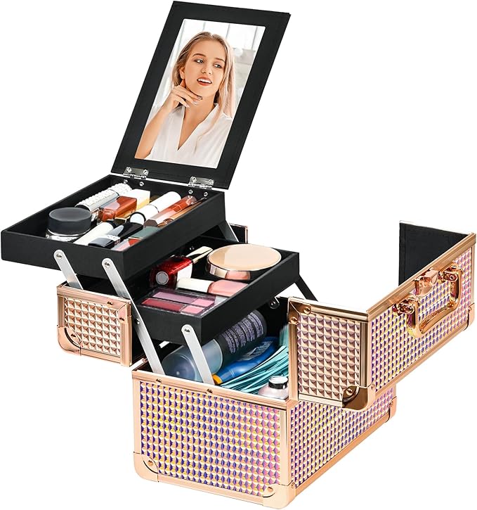 GALHUBIS Makeup Case Organizer,Makeup Train Case, Trays Cosmetic Box Portable, Profesional for Salon Barber, Colorful Pink