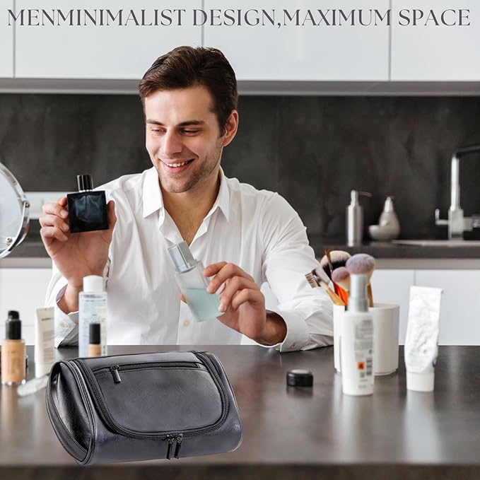 Mens Toiletry Bag, Compact Dopp Kit for Men Travel, PU Leather Shaving Kit, Water-Resistant Minimalist Organizer with Wrist Strap, Fits Grooming Essentials,Small 9X5.9X3 Inch Black