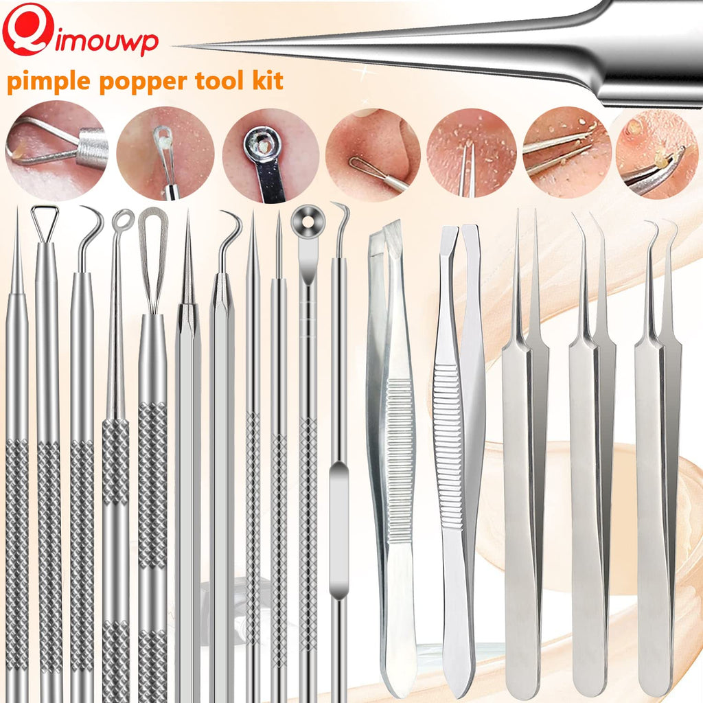 16 Pcs Pimple Popper Tool Kit, Blackhead Remover Tools, Comedone Extractor Whitehead Zit and Cyst Acne Removal Kit, Professional Stainless Steel Tweezers for Eyebrows, Beauty Tools for Face Nose