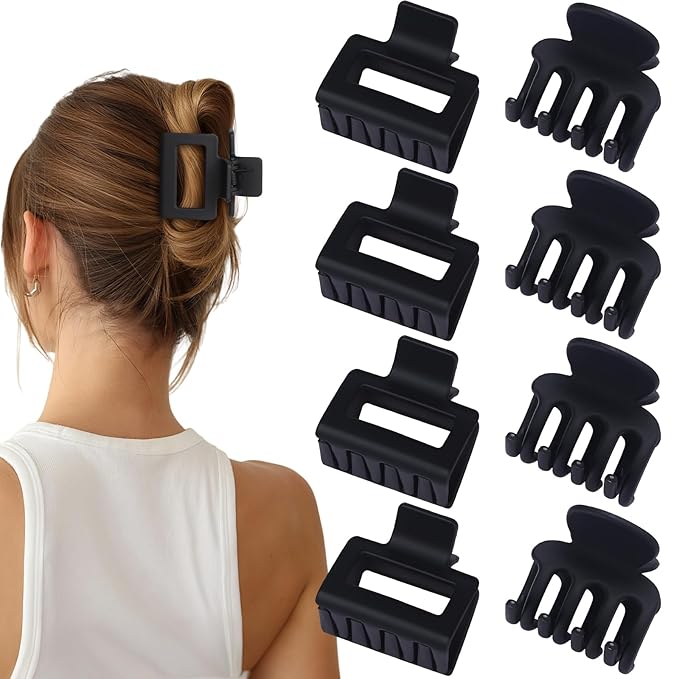 Medium Hair Clips Combination 2 Styles Small Claw Clips for Thin Hair 8 Pcs Matte Non-slip Rectangle Jaw Clips Square Hair Accessories for Women and Girls (Black)