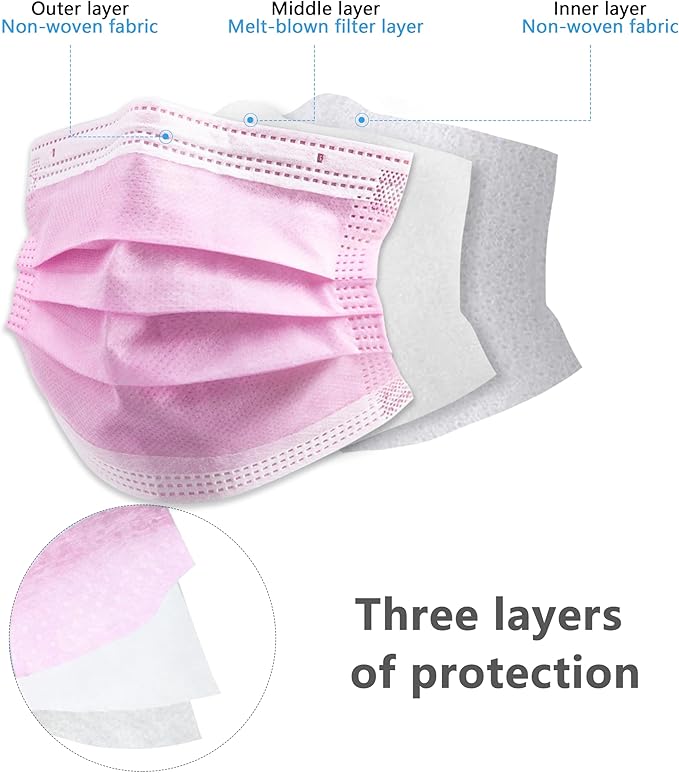 akgk 100PCS Pink Disposable Face Masks, 3-Ply Breathable Pink Face Mask For Adults