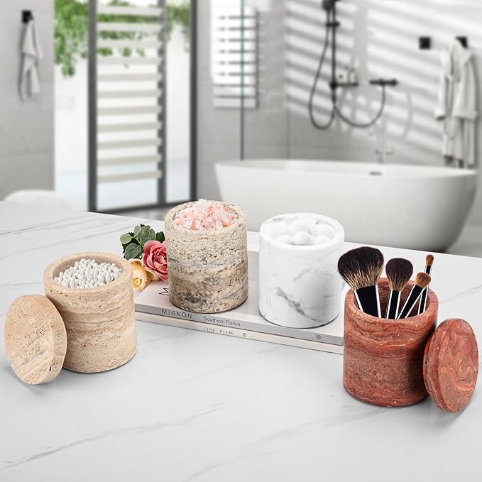 N NANSHOP Natural Marble Canister, Cotton Swab Holder with Lid, High Capacity Bathroom Qtip Holder Storage for Cotton Swab, Floss Picks, Makeup Pad, Bath Salt, Gray Travertine(NS017)