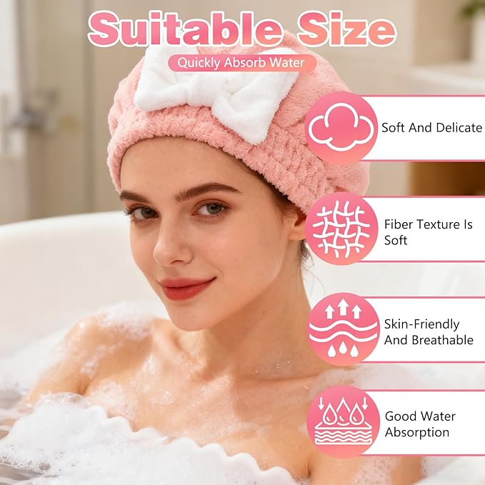 4PCS Super Absorbent Hair Towel Wrap for Wet Hair,Microfiber Hair Drying with Caps Bow Design,2026 New Fast Drying Hair Turban Wrap Towels Shower Cap for Girls and Women(Pink, Blue,Yellow,Red)