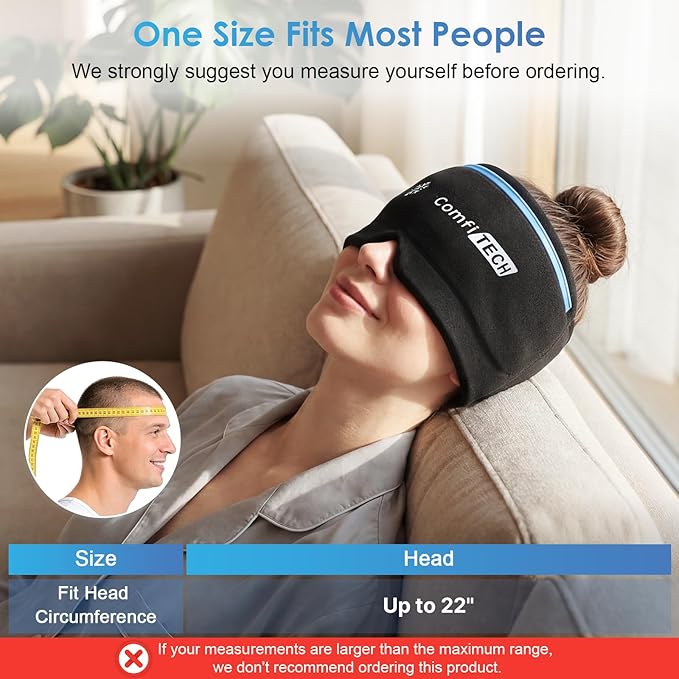 ComfiTECH Dual-Gel Migraine Relief Cap Extended 30-Min Cooling, Detachable Cold Pack & Flexible Gel Head Ice Wrap Face Mask Soothing for Headache, Sinus, Puffy Eyes, Tension and Stress