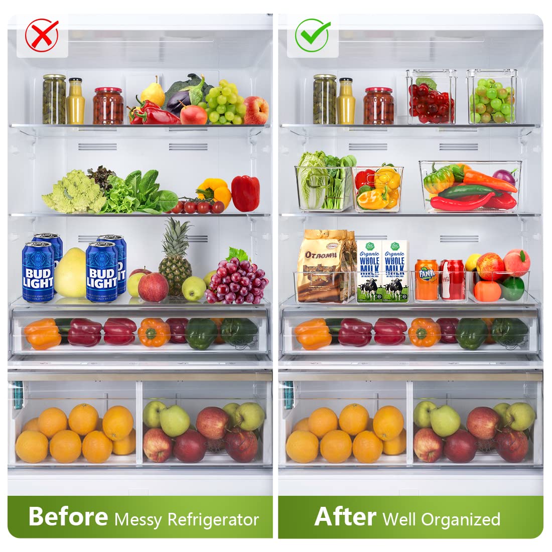 Set Of 10 Refrigerator Pantry Organizer Bins, Clear Plastic Food Storage Bins for Kitchen, Countertops, Cabinets, Fridge, Freezer, Bedrooms, Bathrooms, Fridge Organizer Bins Pantry Storage Containers